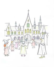 A whimsical hand-drawn sketch depicts a magical school bustling with young wizards. The artwork utilizes soft pastel colors t