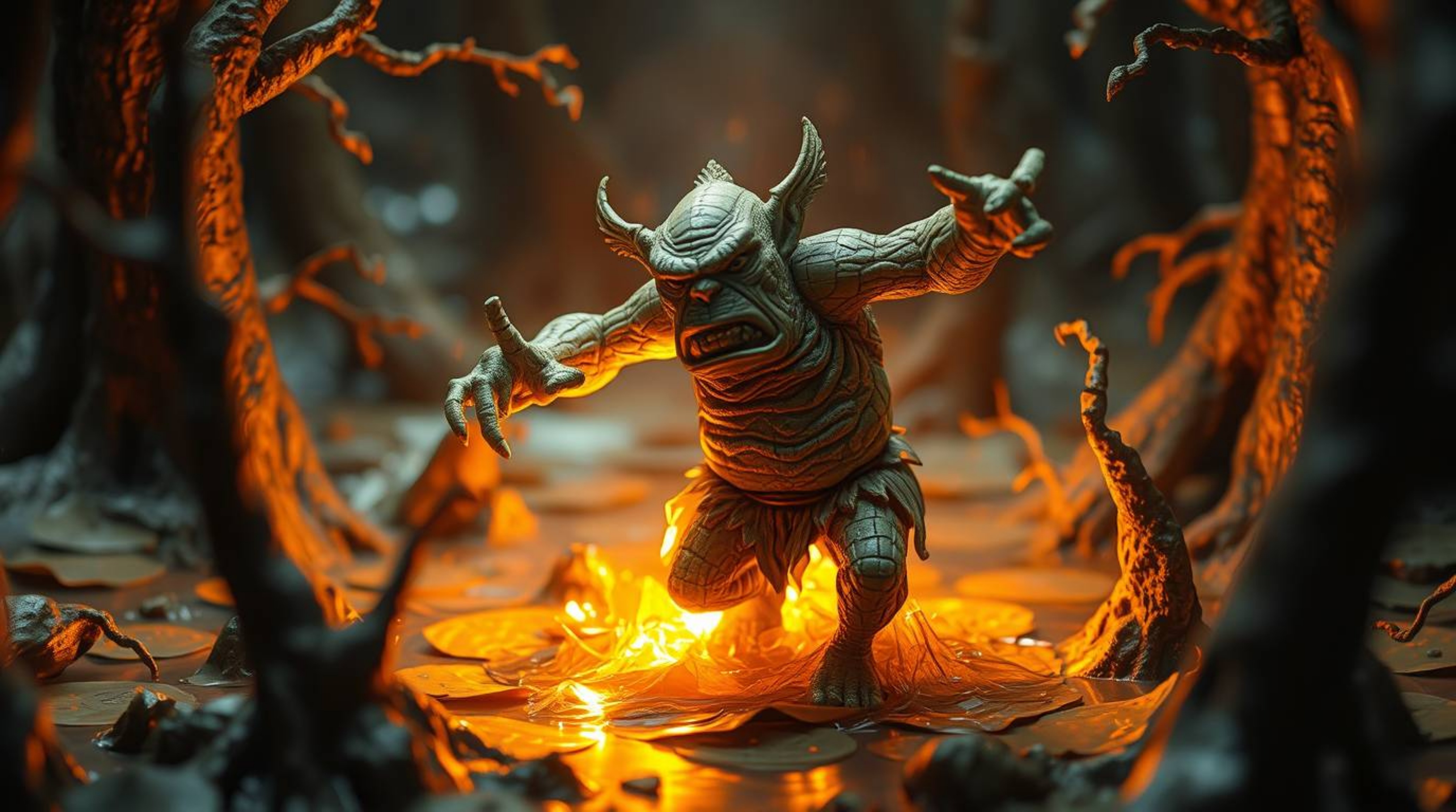 A captivating animation depicts a papier-mâché ogre performing a whimsical dance in a swamp.  The ogre emits a warm golden gl