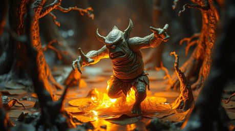 A captivating animation depicts a papier-mâché ogre performing a whimsical dance in a swamp.  The ogre emits a warm golden gl
