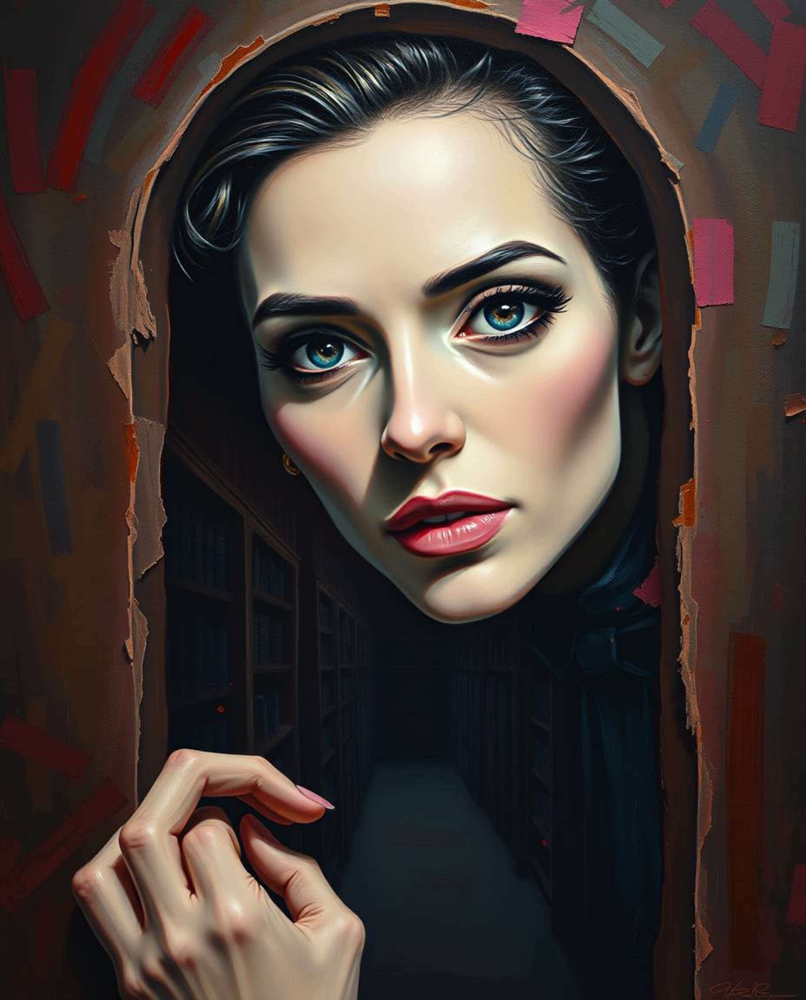 A captivating depiction of a person with elegant features discovering a hidden underground library, rendered in the style of 