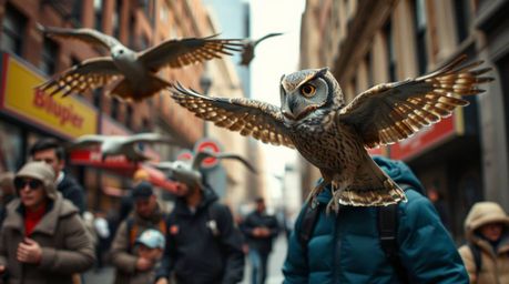 A captivating street photography image, reminiscent of Pixar's style, showcases a blind owl in an urban environment, surprisi