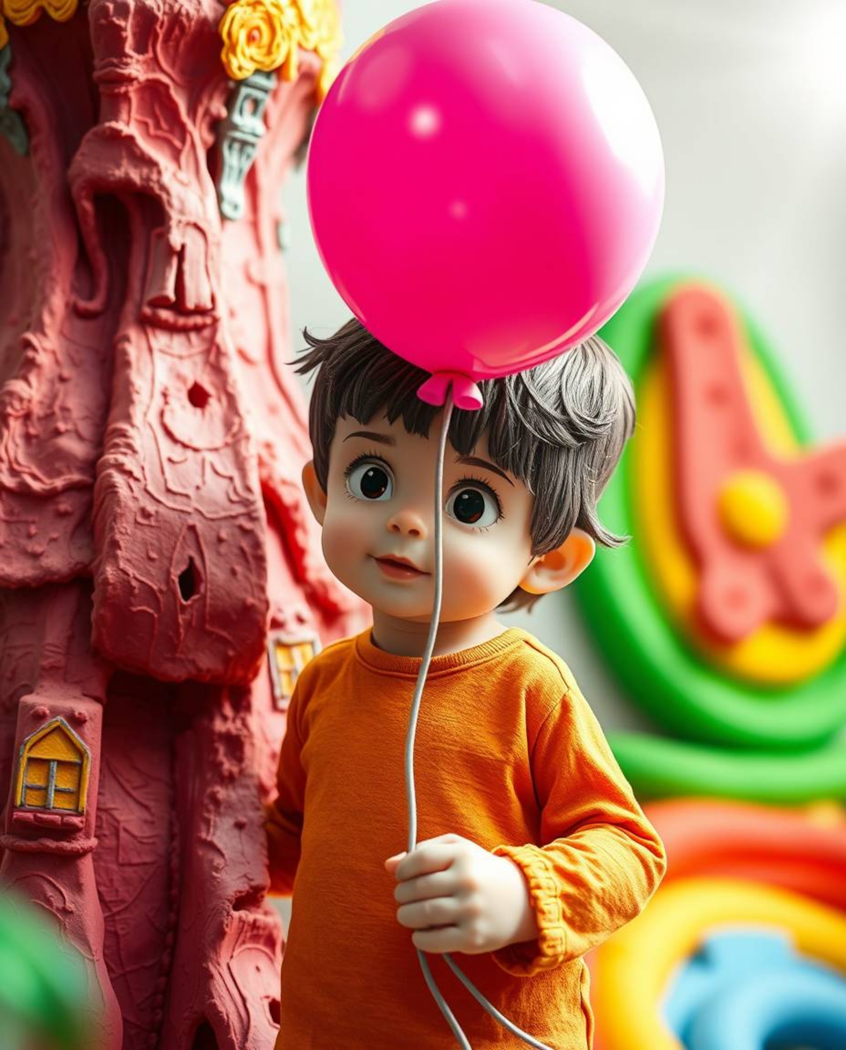 A captivating image of a child holding a balloon, presented as a sculptural clay art piece. The artwork features vibrant colo