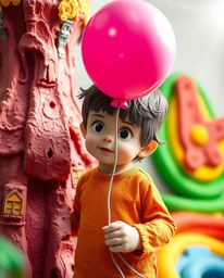 A captivating image of a child holding a balloon, presented as a sculptural clay art piece. The artwork features vibrant colo
