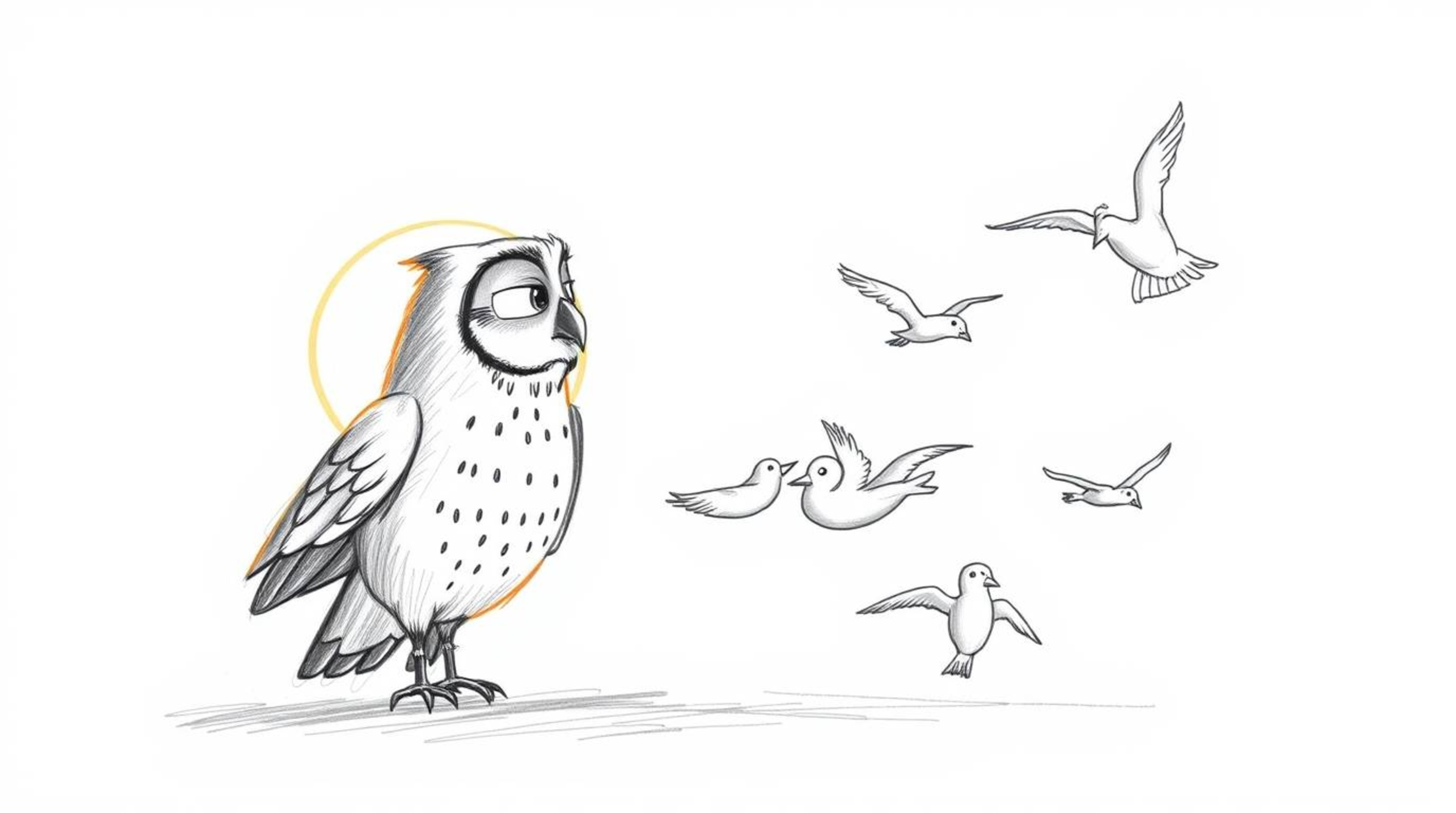 A heartwarming hand-drawn sketch in the Pixar style depicts a blind owl with gentle features teaching a class of birds in fli
