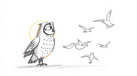 A heartwarming hand-drawn sketch in the Pixar style depicts a blind owl with gentle features teaching a class of birds in fli