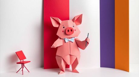 A captivating image showcasing intricate origami art depicting a pig character conducting an orchestra.  The distinct split c