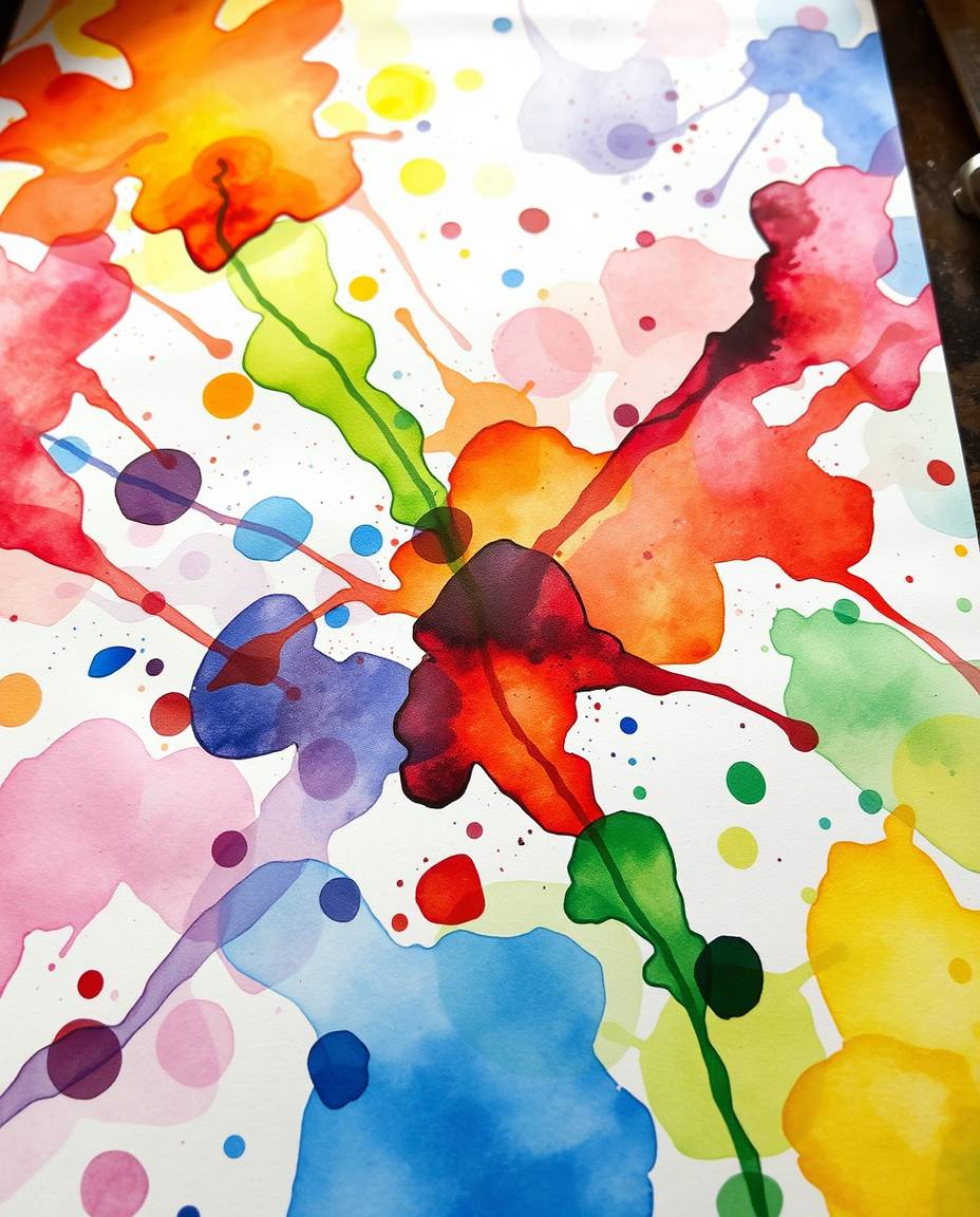 A high-angle perspective showcases colorful watercolor splashes blending harmoniously on paper. Vivid tones create a captivat