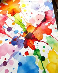A high-angle perspective showcases colorful watercolor splashes blending harmoniously on paper. Vivid tones create a captivat