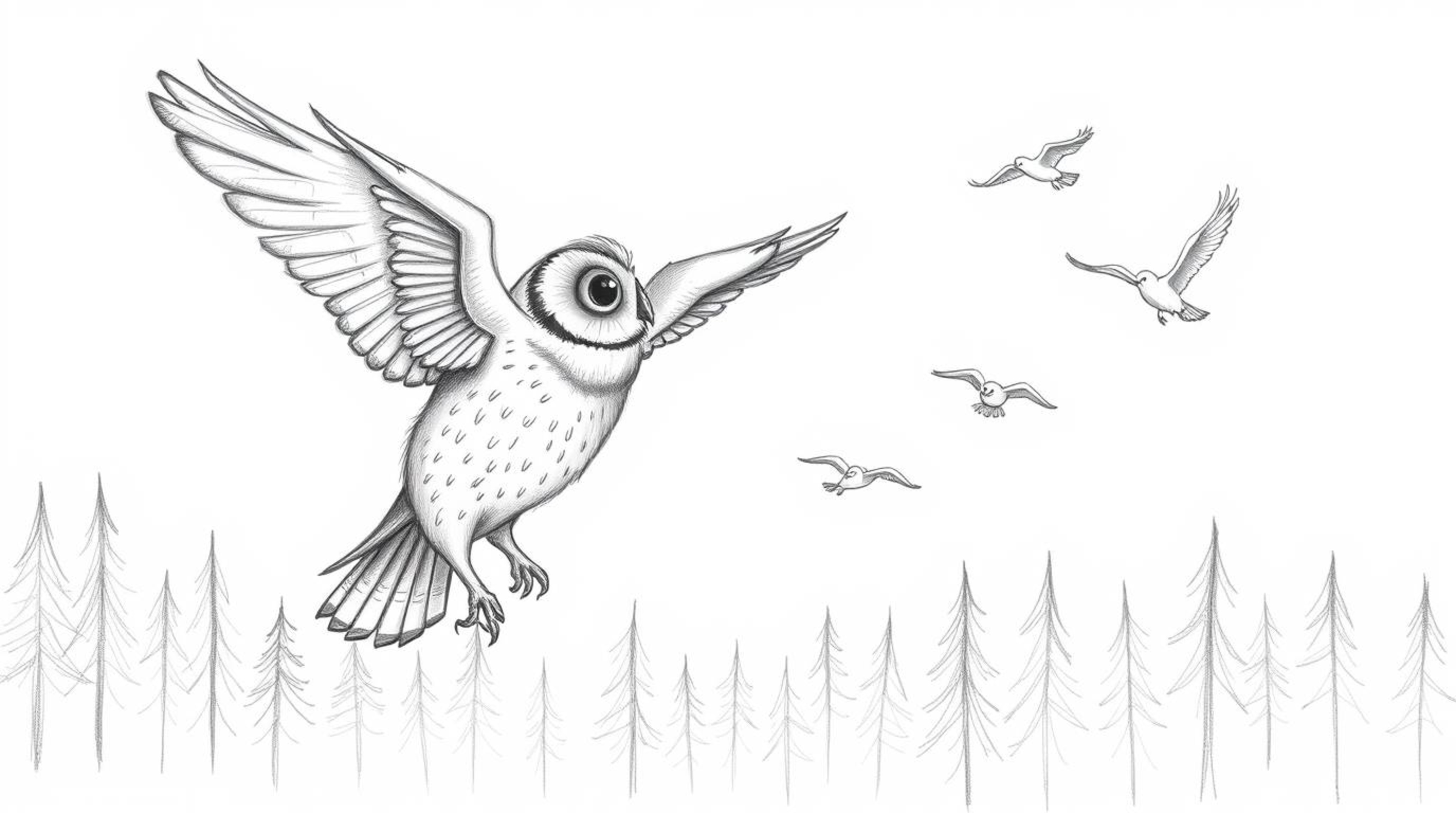 A captivating hand-drawn pencil sketch depicts a blind owl with intricate feather details, guiding a flock of birds on their 