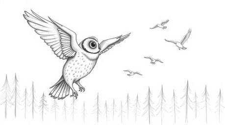 A captivating hand-drawn pencil sketch depicts a blind owl with intricate feather details, guiding a flock of birds on their 