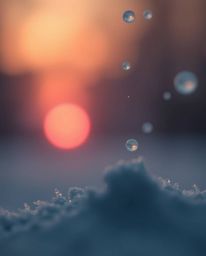 This extreme macro close-up captures the stunning detail of snowflakes falling during a vibrant sunset. The image is envelope