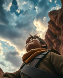 A brave, Disney-esque hero embarks on a thrilling desert adventure. This captivating image features a low-angle perspective,