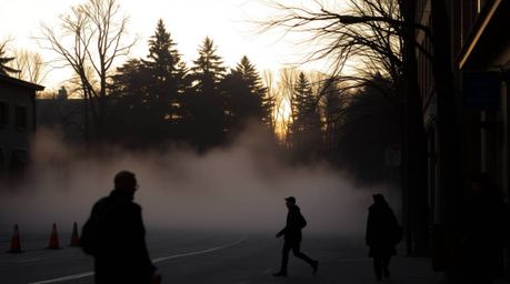 Explore the captivating world of candid street photography featuring mist rising from a forest during golden hour. Rich burgu