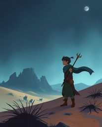 A captivating illustration depicts a brave hero embarking on a Disney-style desert adventure.  The image boasts a moody, myst