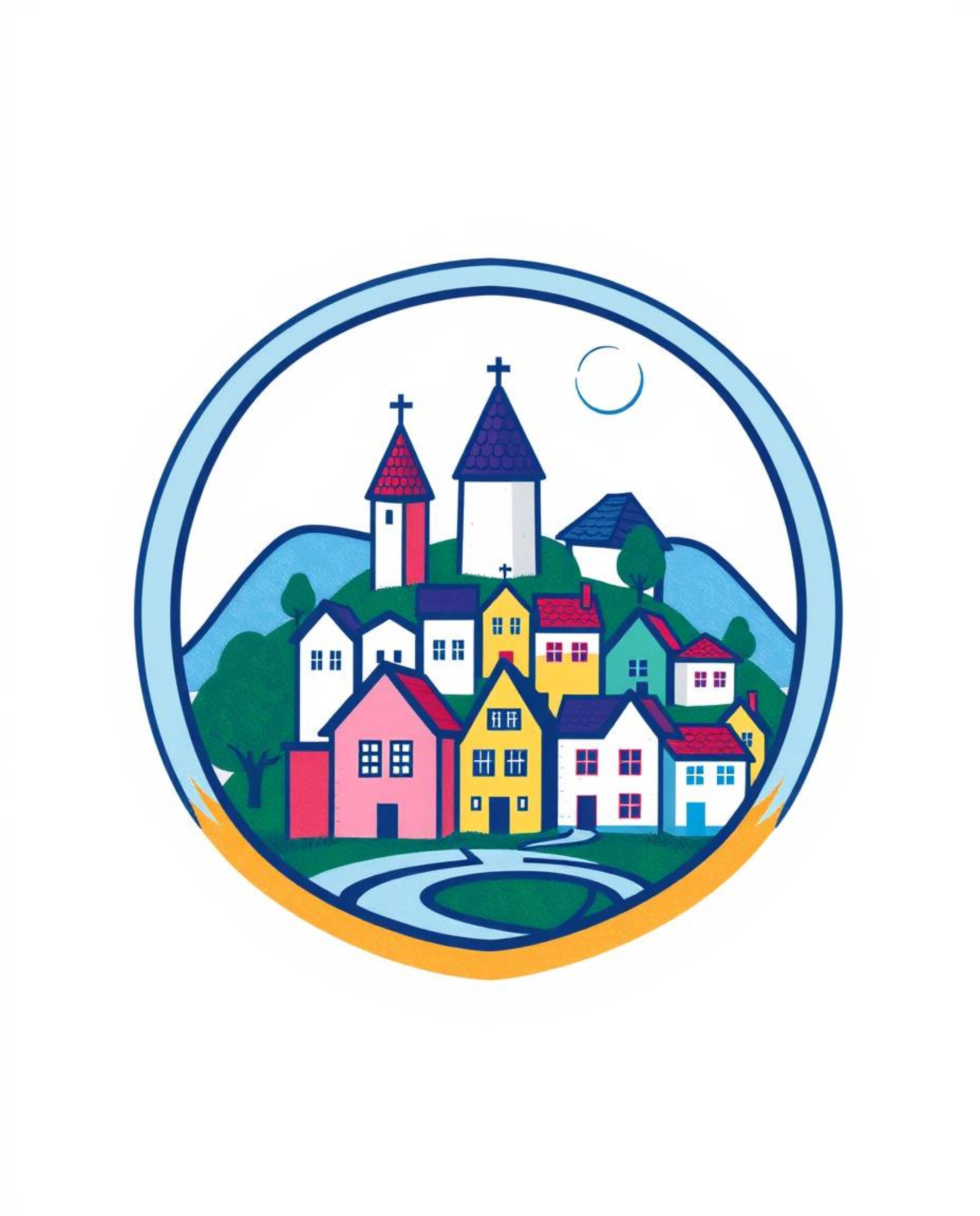 A vibrant and unique logo design featuring geometric shapes and clean lines.  Depicting a charming sleepy town with pastel-co