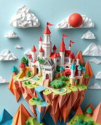 Discover a vibrant kingdom of intricately folded paper castles and floating islands.  This mesmerizing scene showcases the be