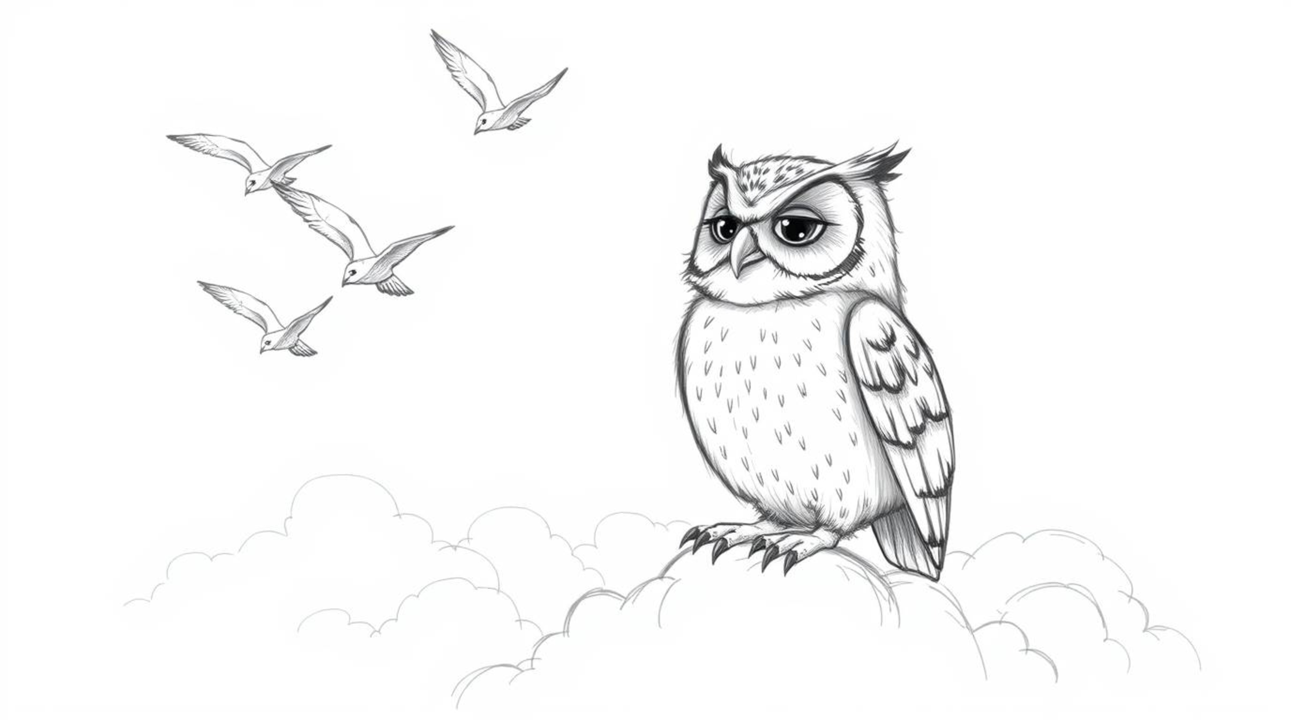 A heartwarming hand-drawn sketch in the style of Pixar depicts a blind owl with soft, feathery textures, embodying pride and 