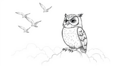 A heartwarming hand-drawn sketch in the style of Pixar depicts a blind owl with soft, feathery textures, embodying pride and 