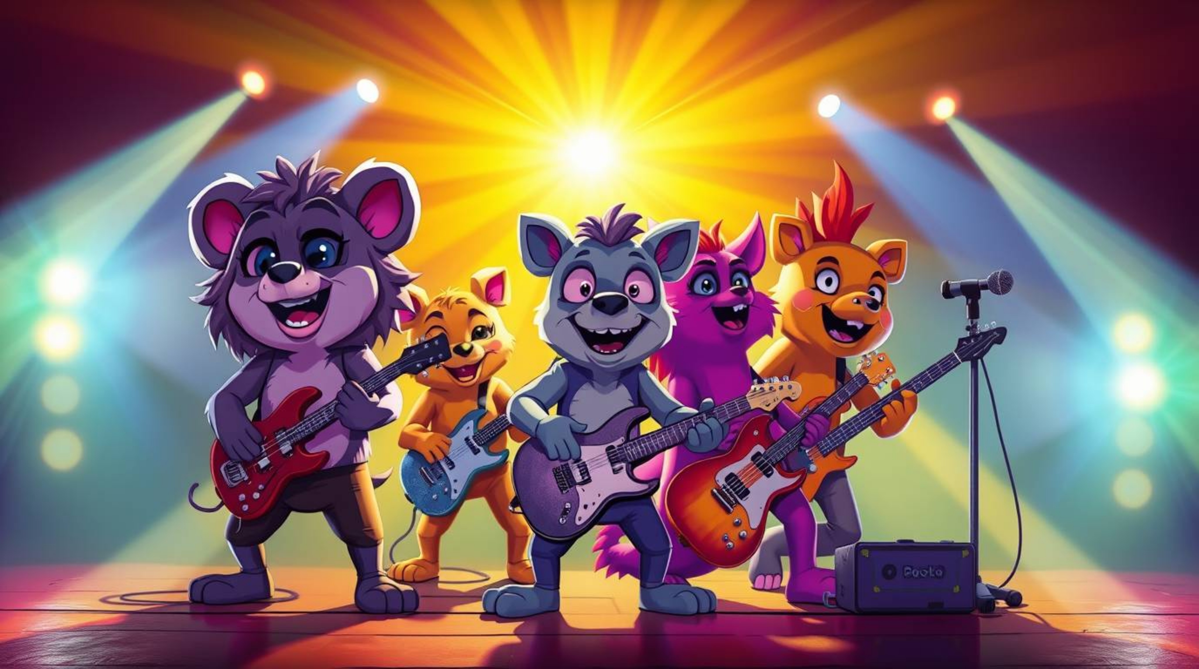 Experience the electrifying energy of a cartoon animal band rocking out with vibrant electric colors and dazzling lens flares