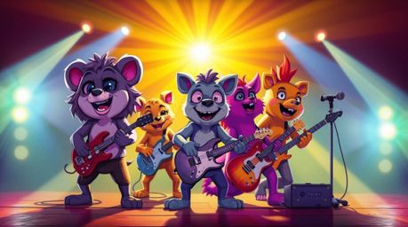 Experience the electrifying energy of a cartoon animal band rocking out with vibrant electric colors and dazzling lens flares