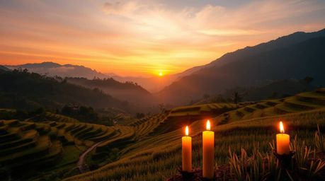 Experience the serene beauty of warm candlelight illuminating rice terraces nestled in the mountains at sunset. Witness the s