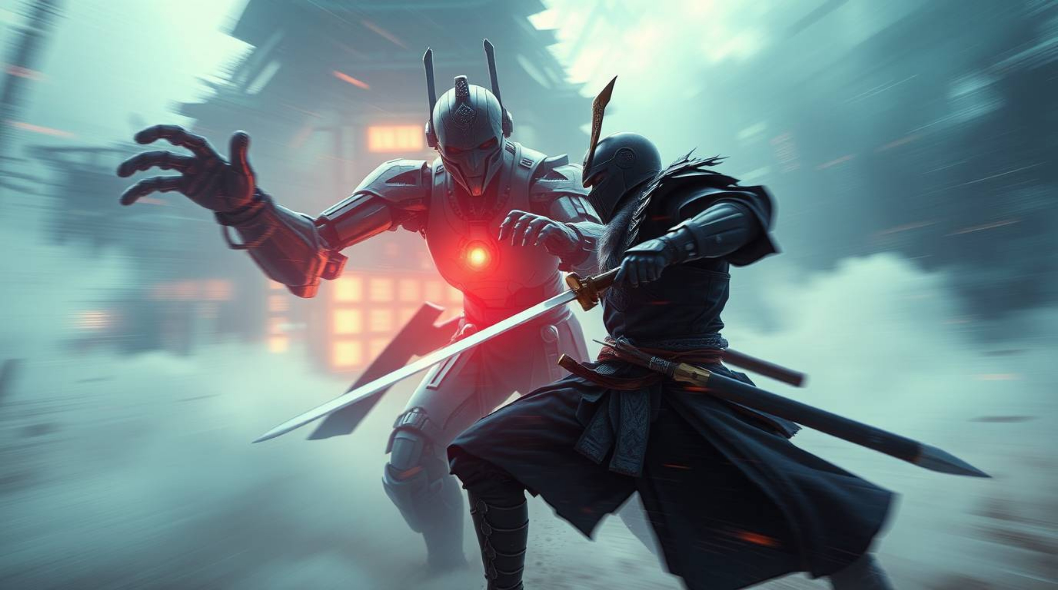 Witness an ethereal battle between a samurai and a robot in a captivating dystopian world.  Experience dynamic motion, gentle