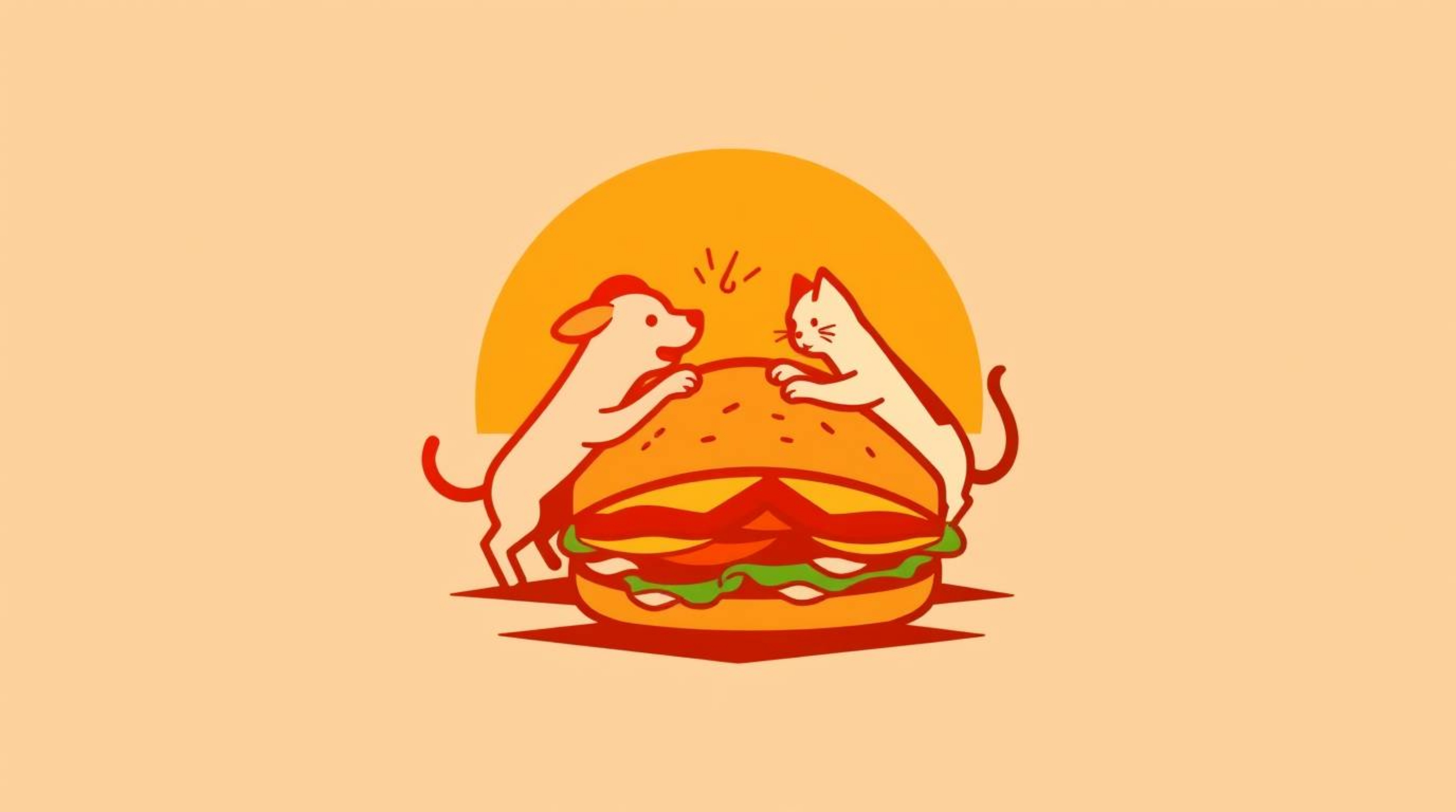 This warm, golden hour logo features a playful scene of a dog and cat playfully fighting over a massive sandwich. The design 
