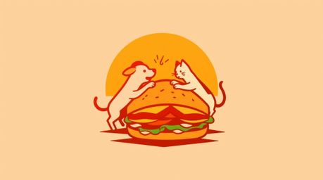 This warm, golden hour logo features a playful scene of a dog and cat playfully fighting over a massive sandwich. The design 