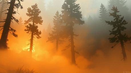 A dynamic digital sketch capturing the magic of mist rising from a forest during golden hour in extreme macro close-up.  The 