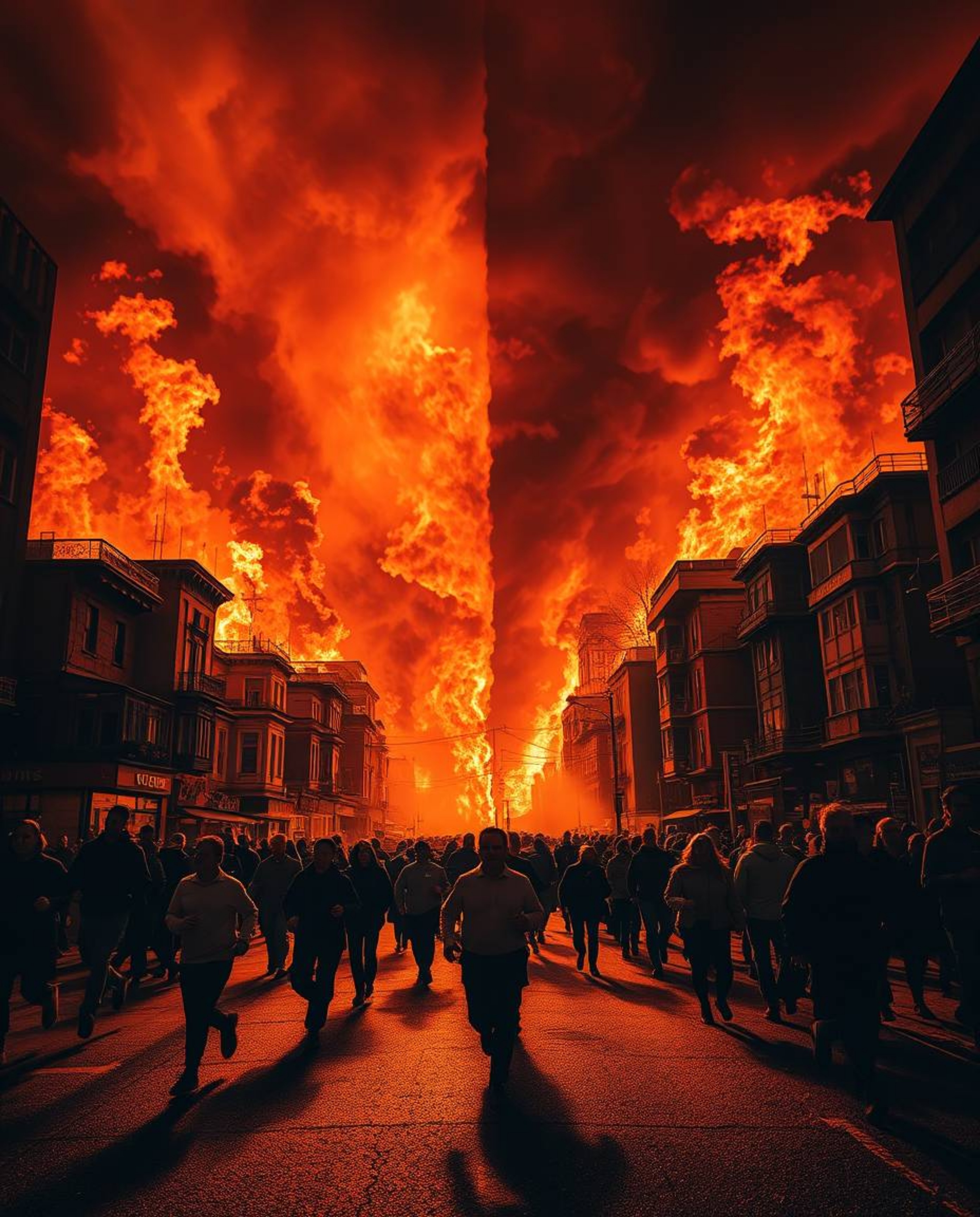 This dramatic artwork depicts a city engulfed in flames from a low angle perspective, highlighting the chaos and desperation 