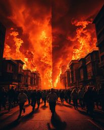 This dramatic artwork depicts a city engulfed in flames from a low angle perspective, highlighting the chaos and desperation 