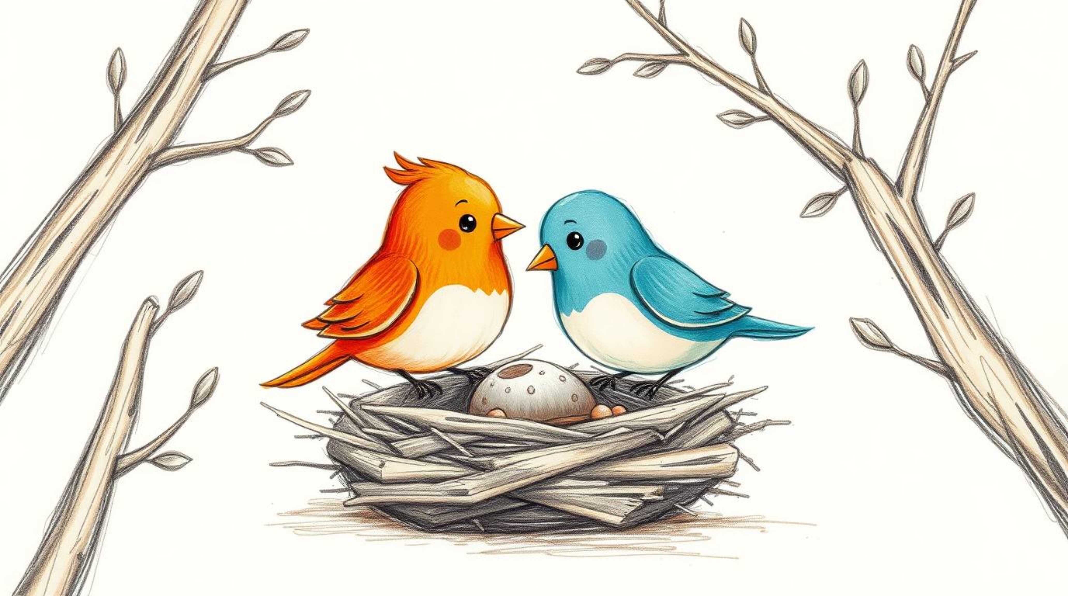 A charming hand-drawn animation featuring two cartoon birds, one terracotta and one teal, building a nest. The classic anima