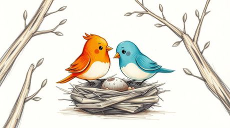 A charming hand-drawn animation featuring two cartoon birds, one terracotta and one teal, building a nest. The classic anima