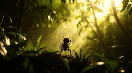 A bug-sized hero, a tiny figure sharp against a bright backdrop, embarks on an epic adventure through a dense backyard jungle