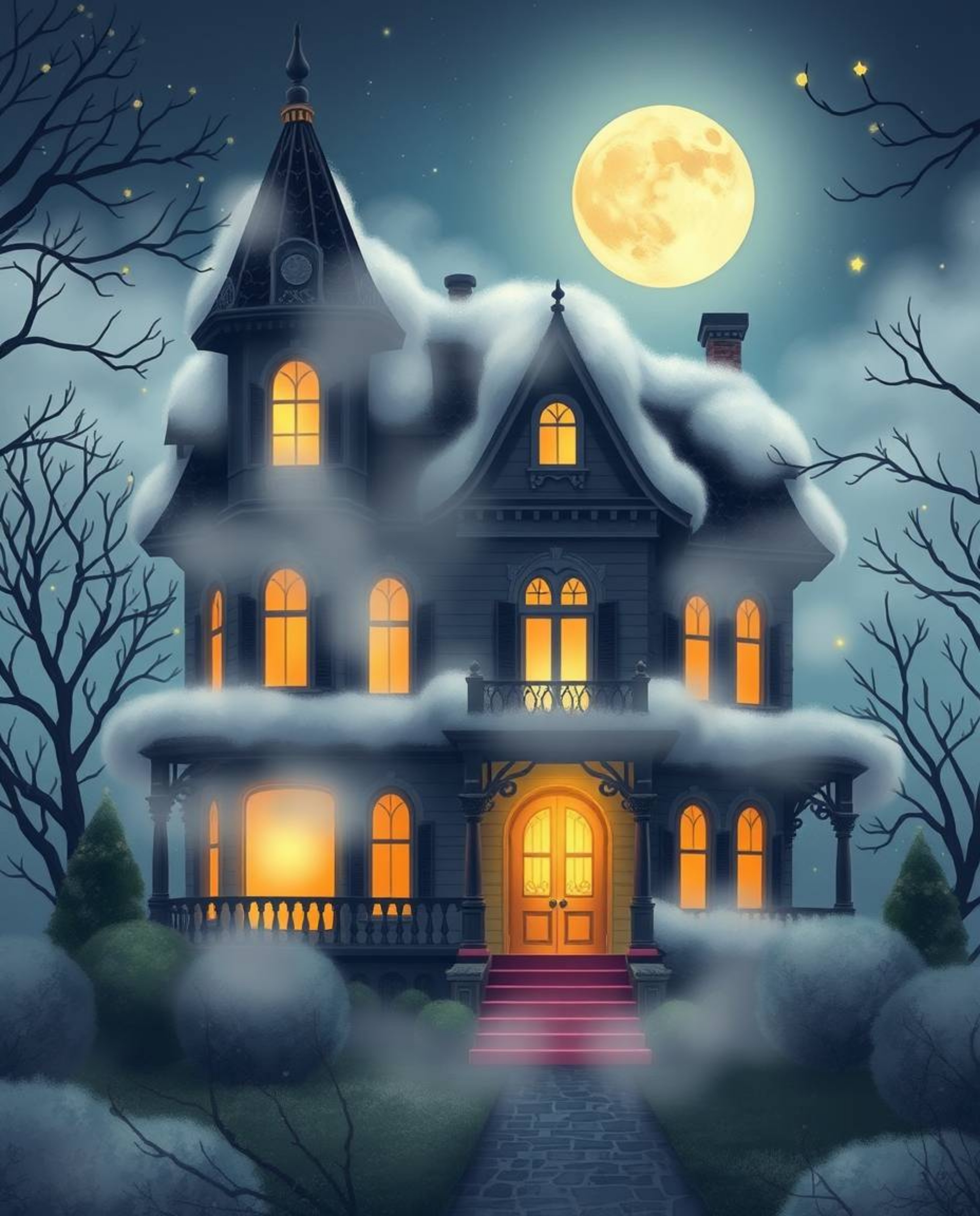 A charming illustration showcasing an adorable Victorian mansion shrouded in a misty fog under the soft glow of moonlight. Th