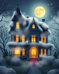 A charming illustration showcasing an adorable Victorian mansion shrouded in a misty fog under the soft glow of moonlight. Th