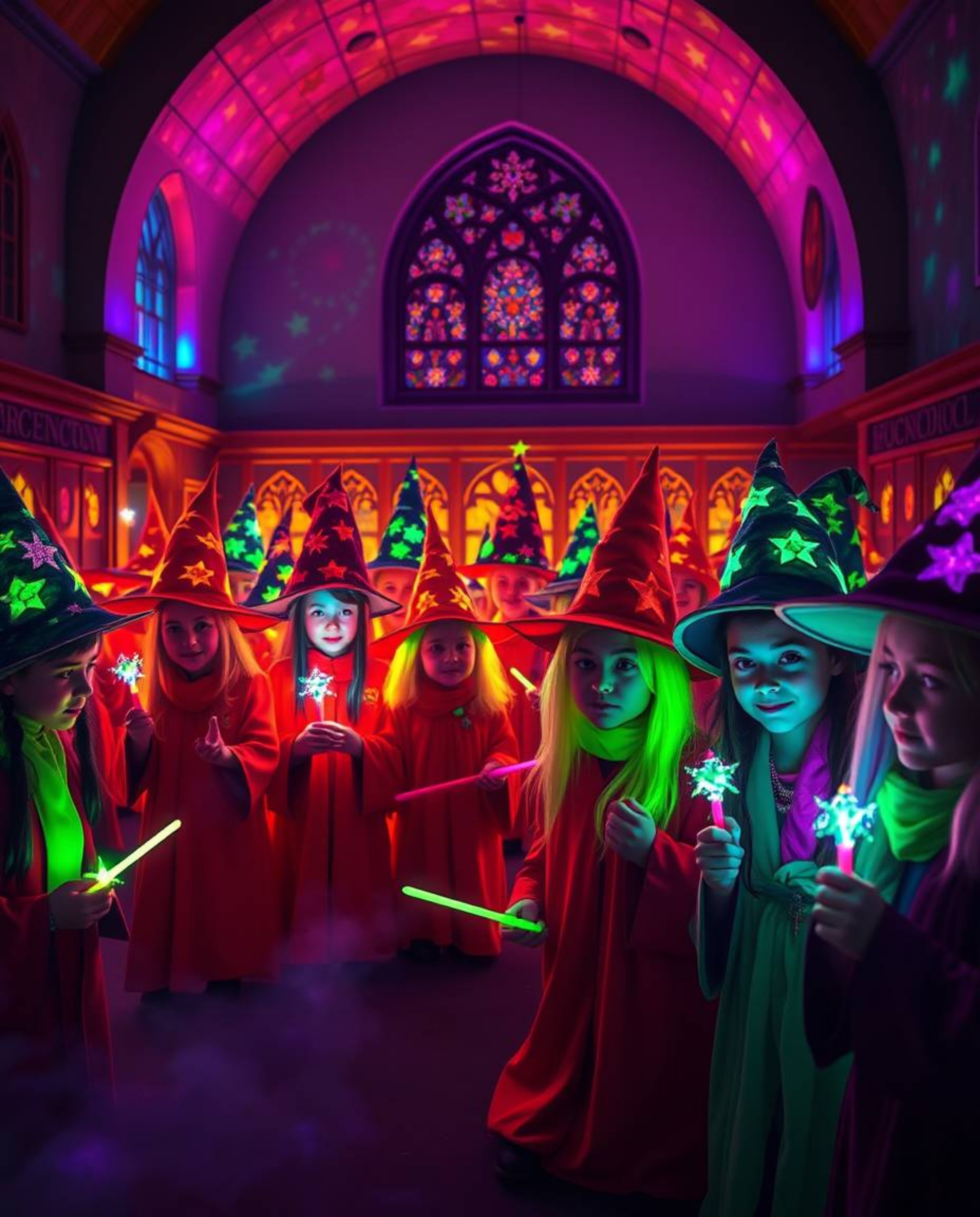 Immerse yourself in a magical school teeming with young wizards radiating a breathtaking bioluminescent glow. This stunning a