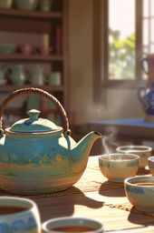 Capture the essence of a serene tea time with this image featuring a traditional clay teapot, its spout gently releasing frag