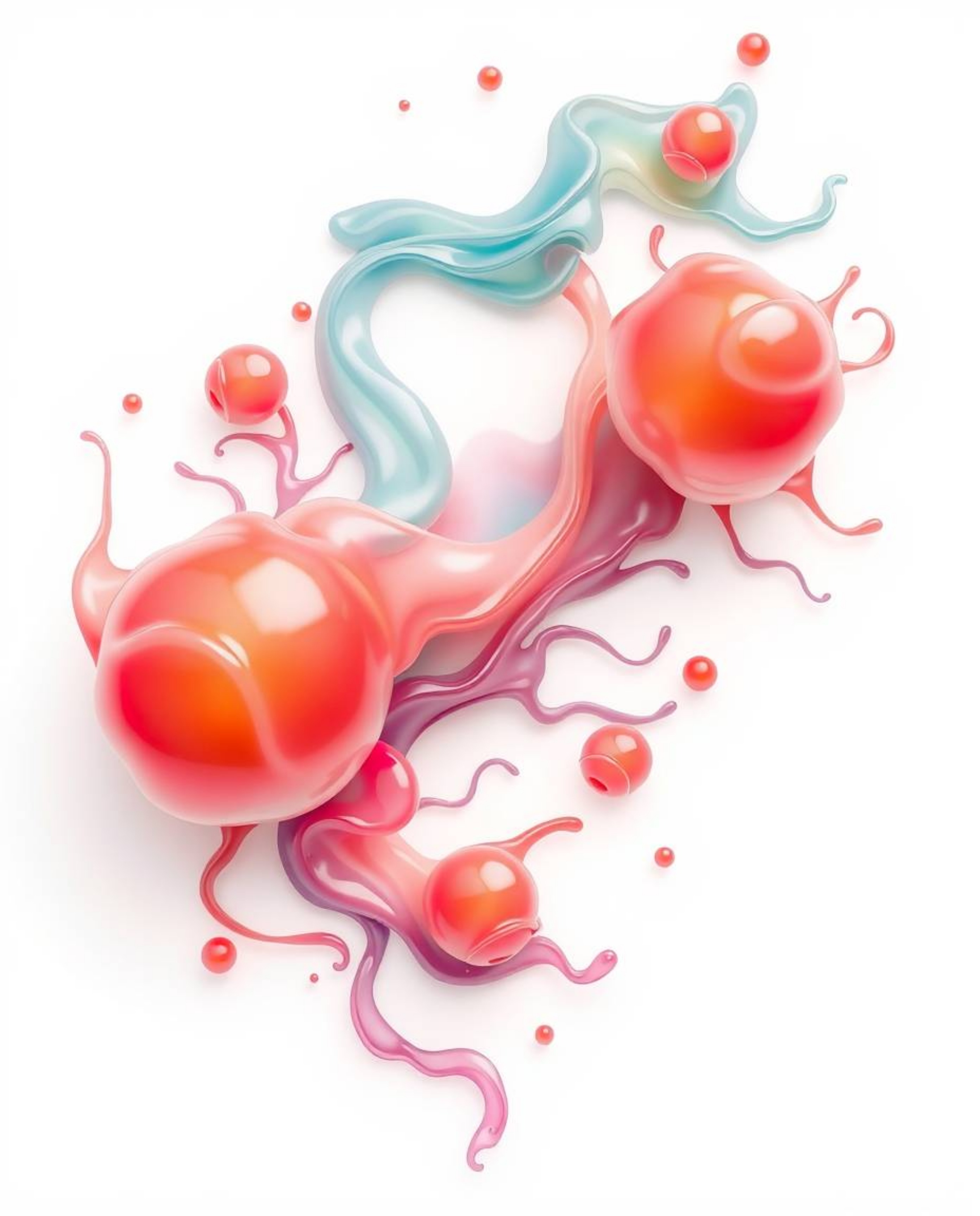 Explore a stunning 3D render featuring fluid organic blobs of translucent materials gracefully floating in space.  Styled as 