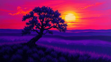 This striking classic oil painting captures a lone tree silhouetted against a fiery sunset, utilizing deep ultraviolet hues a