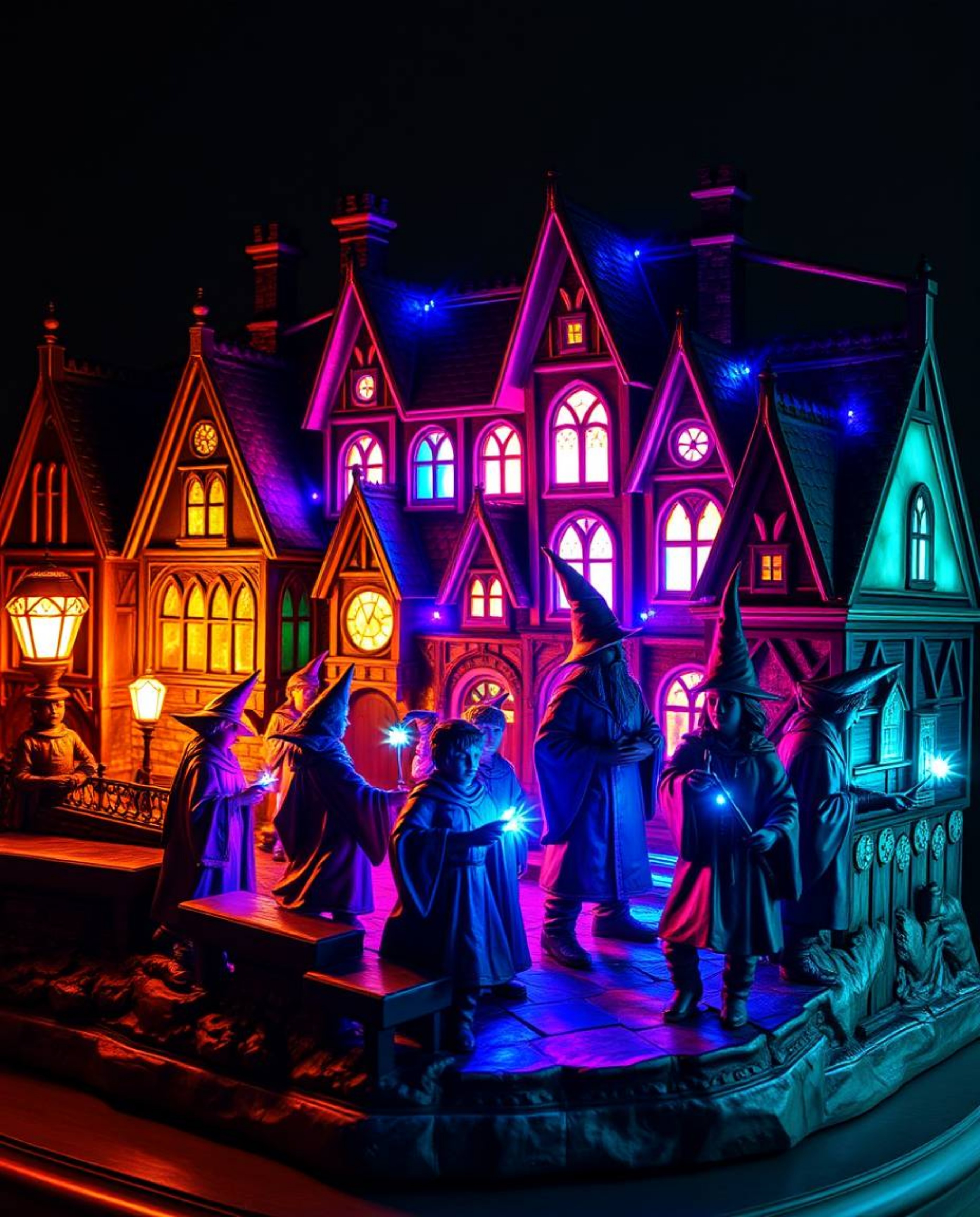 Discover a captivating cast bronze sculpture depicting a magical school brimming with young wizards.  The artwork glows with 