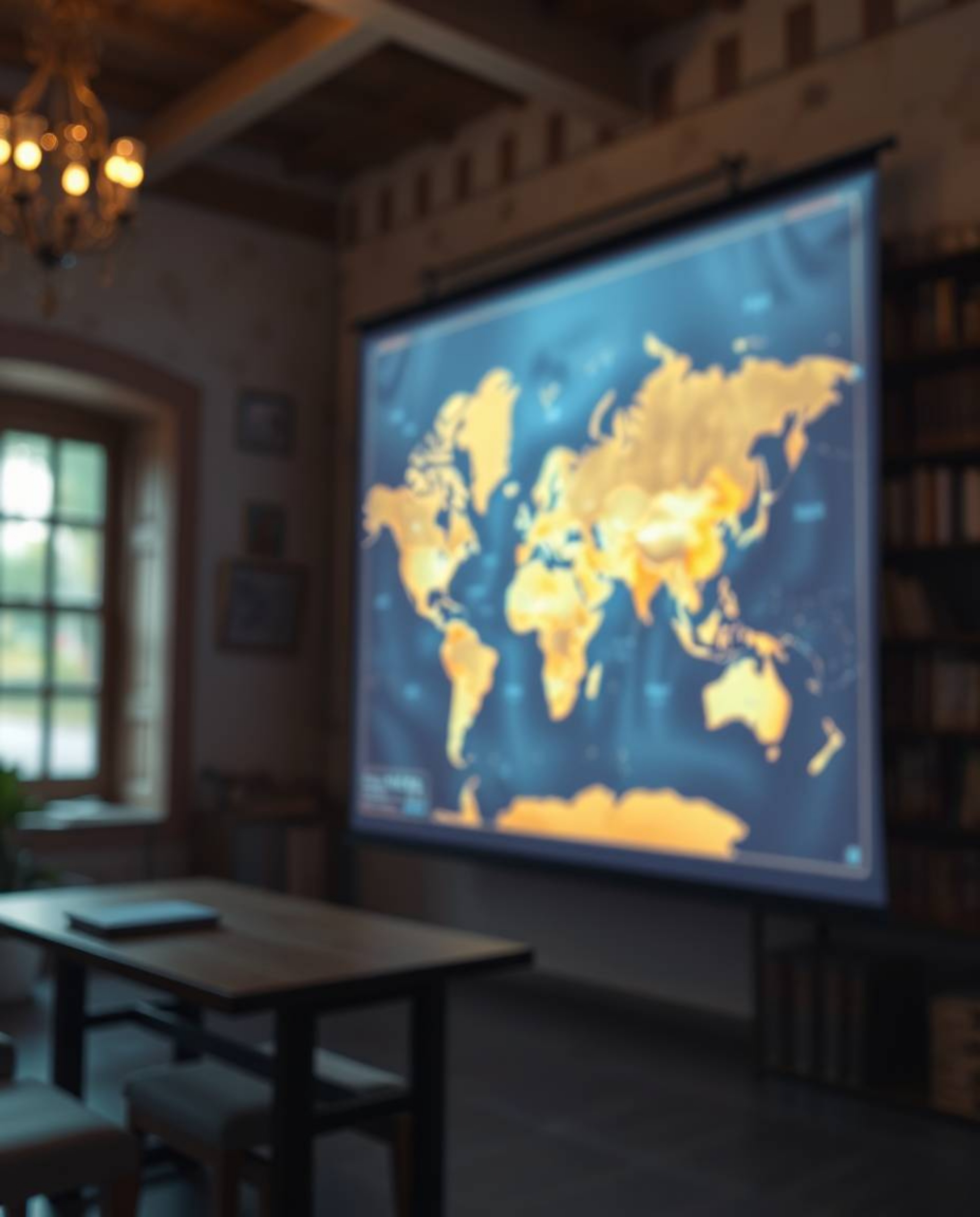 A high-resolution stock photo showcasing a glowing map projected onto a wall within an old study. The image features a captiv