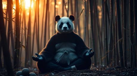 Imagine a sophisticated and elegant martial artist panda meditating peacefully within a lush bamboo forest. Bathed in the war