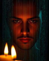 A mesmerizing digital art piece showcasing a human face morphing into a flowing data stream, illuminated by the warm glow of 
