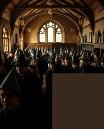 A professional fine art photograph capturing the essence of a magical school brimming with young wizards. Utilizing a distin