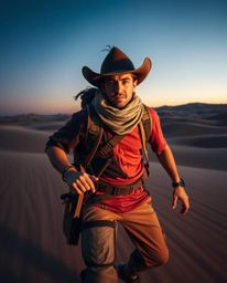 This image showcases a brave, Disney-style desert adventure hero captured in a long-exposure photograph. The hero is distinct