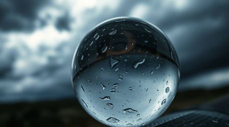 An extreme macro shot showcases a glass object reflecting smooth gradient textures in a dramatic, stormy weather setting. Int