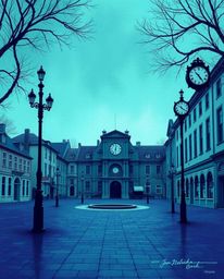 This artwork depicts an empty town square bathed in cool tones of blues, greens, and purples, dominated by the sound of ticki
