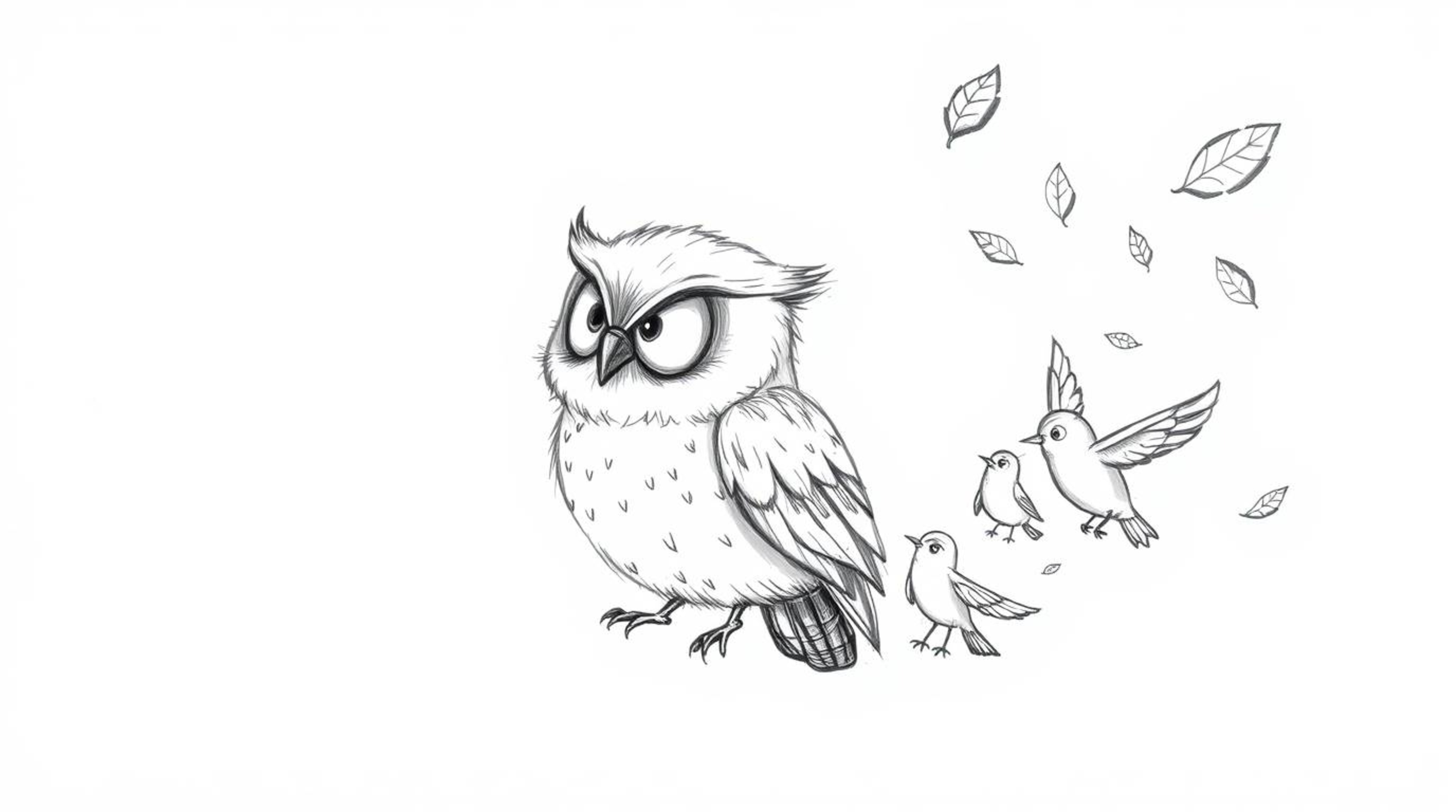 This charming hand-drawn sketch in a Pixar style depicts a blind owl with soft, downy feathers and expressive, sightless eyes