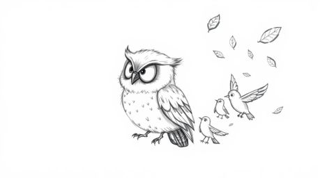 This charming hand-drawn sketch in a Pixar style depicts a blind owl with soft, downy feathers and expressive, sightless eyes